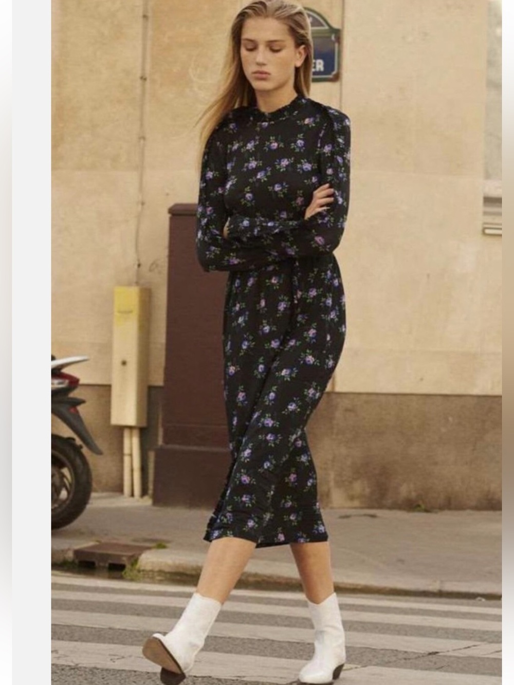 Sandro Paris floral dress midi detail mock neck Small